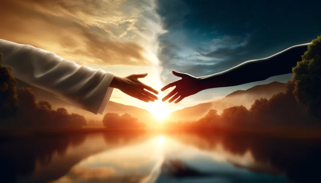 DALL·E 2024-04-22 22.53.07 - A serene panoramic scene depicting the power of forgiveness, featuring a symbolic gesture of two hands, one white and one black, reaching out to each