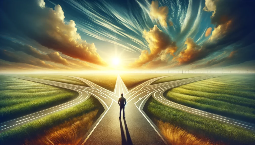 DALL·E 2024-04-22 22.56.18 - A panoramic image symbolizing the theme of finding one's purpose in life, depicting a person standing at a crossroads in a vast, open field under a br